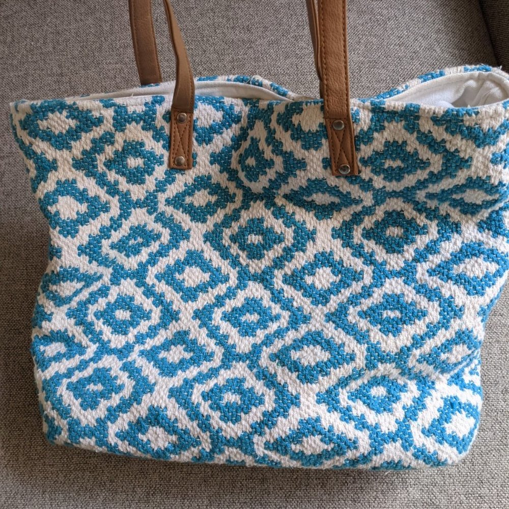 Blue and White Woven Tote Bag